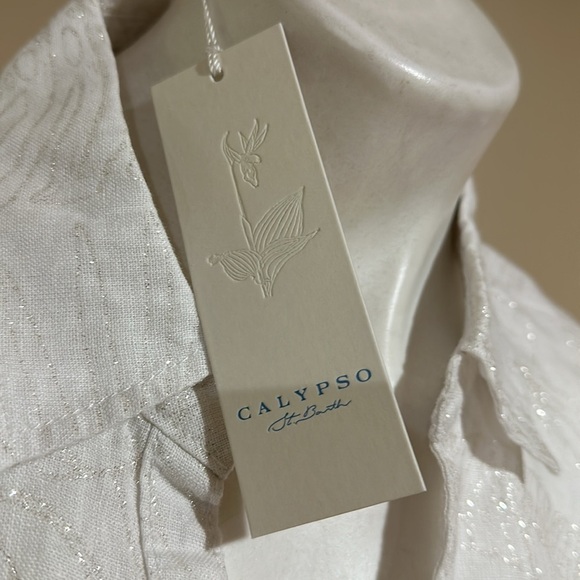 “Calyspo St. Barth 100% Linen Shirt – White Leaf Pattern w/ Lurex, - Picture 3 of 7